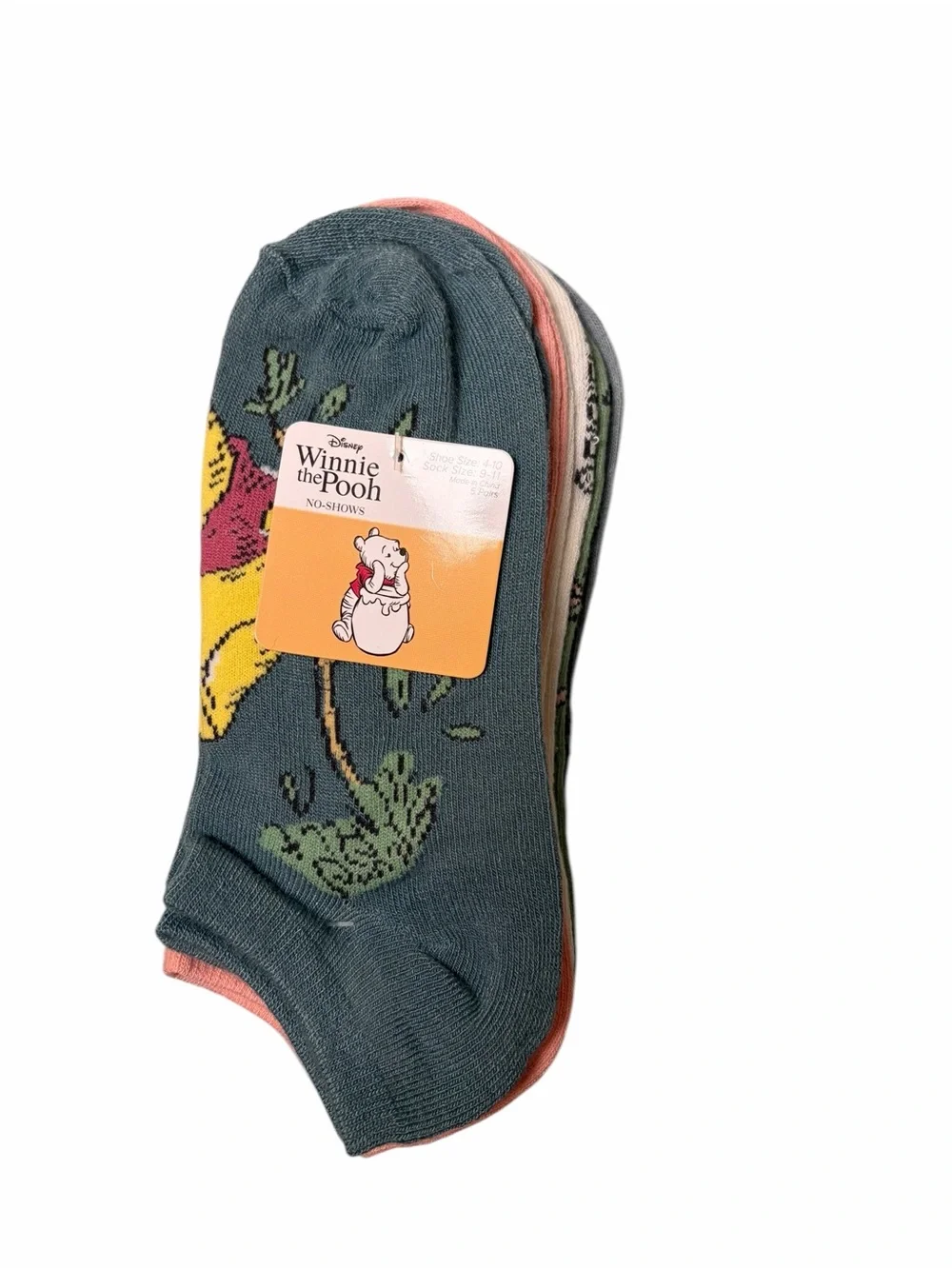 Disney Winnie the Pooh Flowers Trees Bees 5 Pack Teal Pink Green No Shows Socks